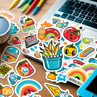 Eye-catching design with DIY Sticker Decals title and sticker examples.